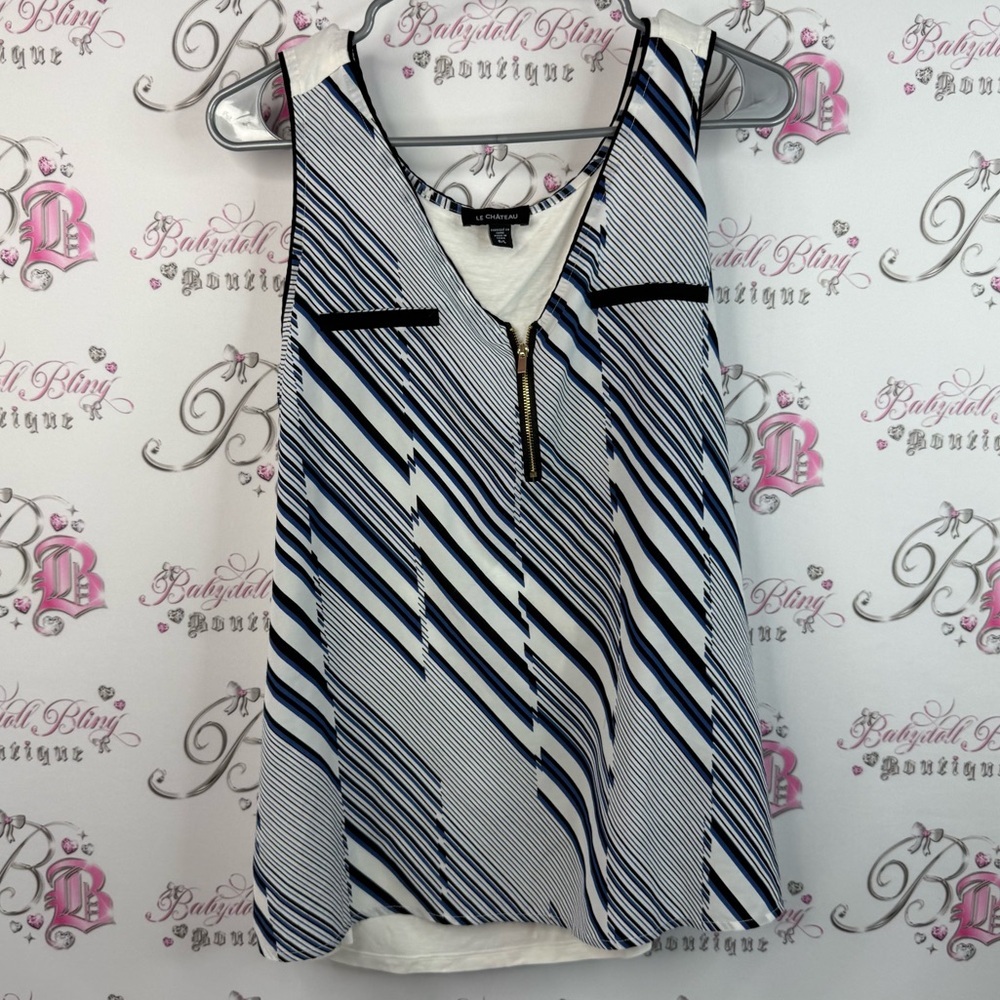 Le Chateau tank top gold zip up flowy shirt Navy White Striped Tank Top